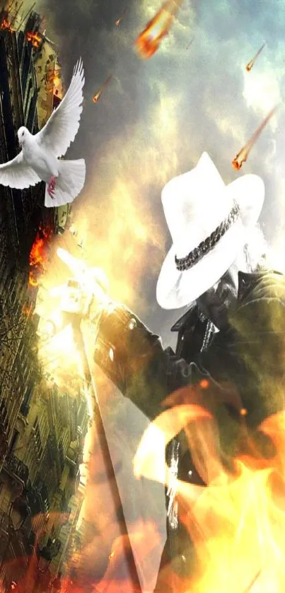 Epic wallpaper with fiery city and white hat figure.