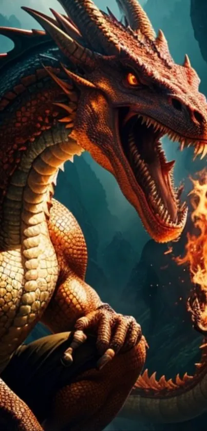 Epic dragon breathing fire in a mystical setting, perfect for fantasy fans.