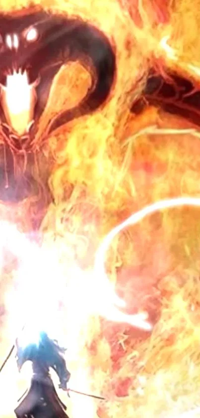 Epic battle with a fiery dragon and warrior in a blazing scene.