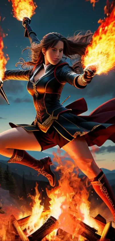 Warrior mage in action with fire magic in a fantasy scene.