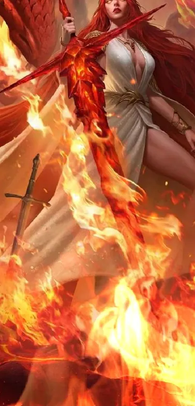 Epic fantasy wallpaper with a fiery sorceress.