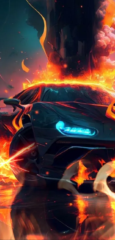 Fiery sports car in dynamic action scene.