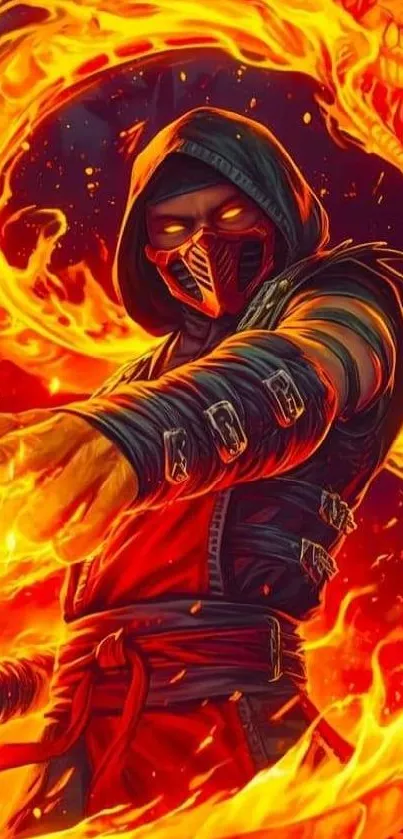 Illustrated warrior engulfed in fiery orange flames.