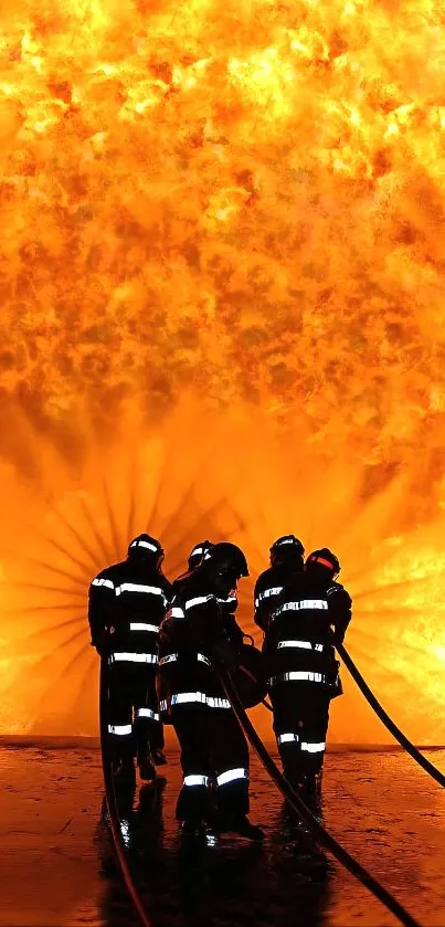 Dynamic scene of firefighters battling a massive fire with vivid orange flames.