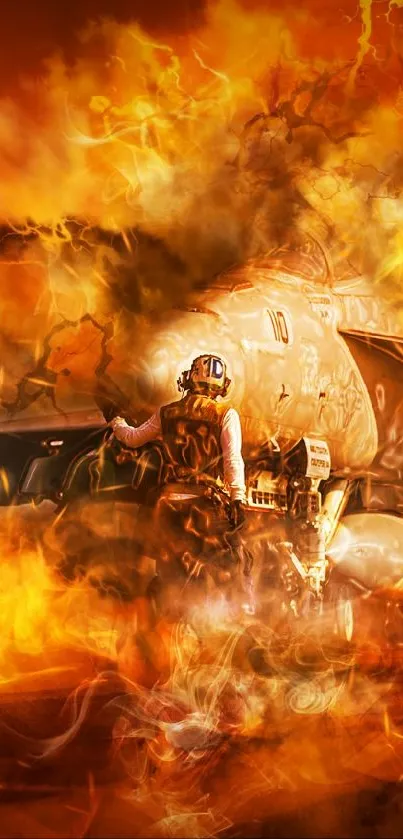 Heroic firefighter scene with intense flames.