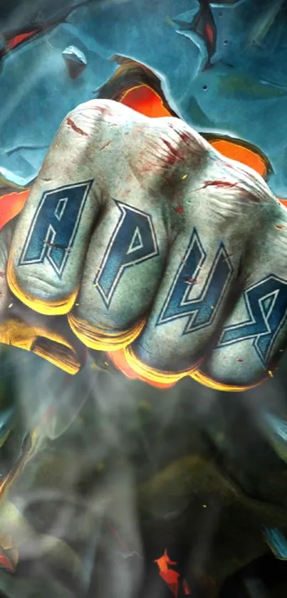 Tattooed fist breaking through rocks in high-energy mobile wallpaper.