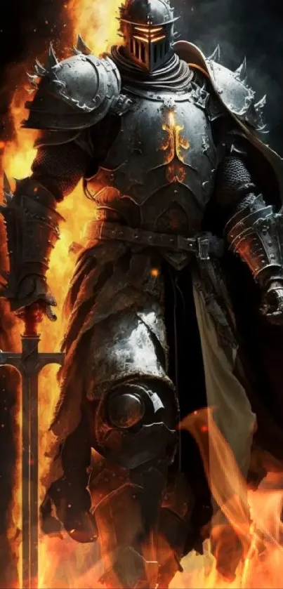 Epic armored knight with fiery background in dynamic mobile wallpaper.