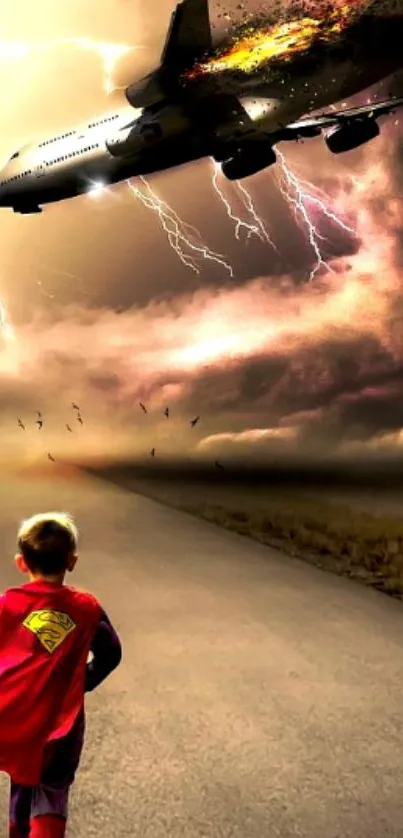 Child in superhero cape with burning airplane and stormy sky.