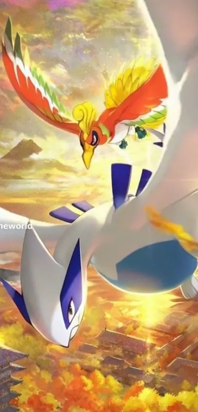 Legendary creatures soar over autumn landscape in anime art.