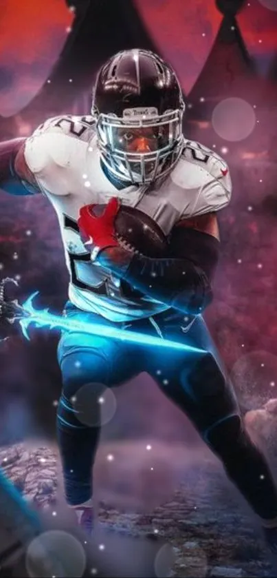 Fantasy football warrior with glowing sword in red background.