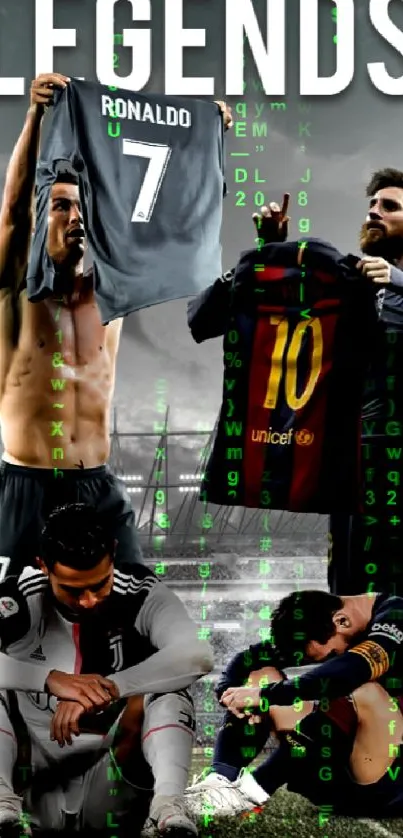 Epic football legends holding jerseys in dramatic stadium scene.