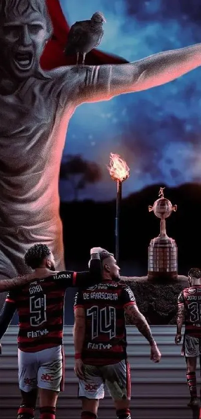 Football players by a statue in a dramatic night scene.