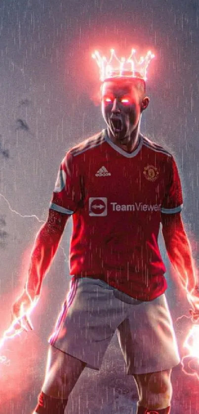 Epic digital art of a football player with glowing eyes in the rain.