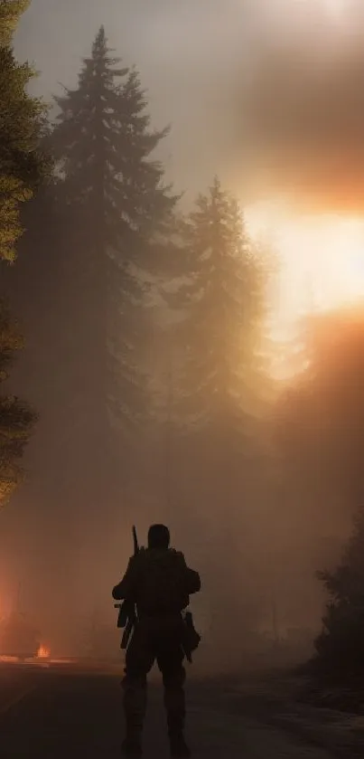 Warrior silhouette in misty forest sunset.