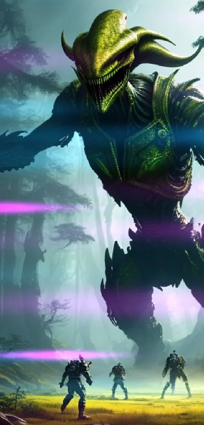 Epic scene of warriors facing a giant alien in a misty forest.
