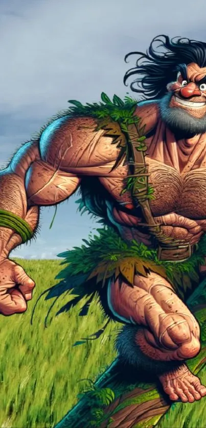Epic artwork of a muscular warrior running across a vibrant green landscape.