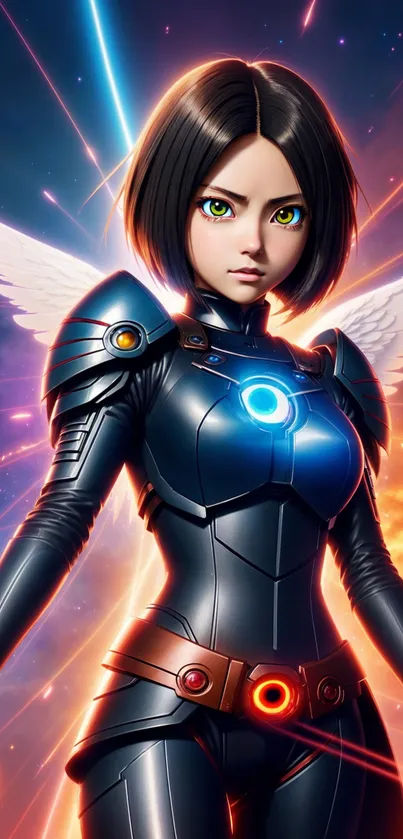 Futuristic anime character with wings and vibrant colors.