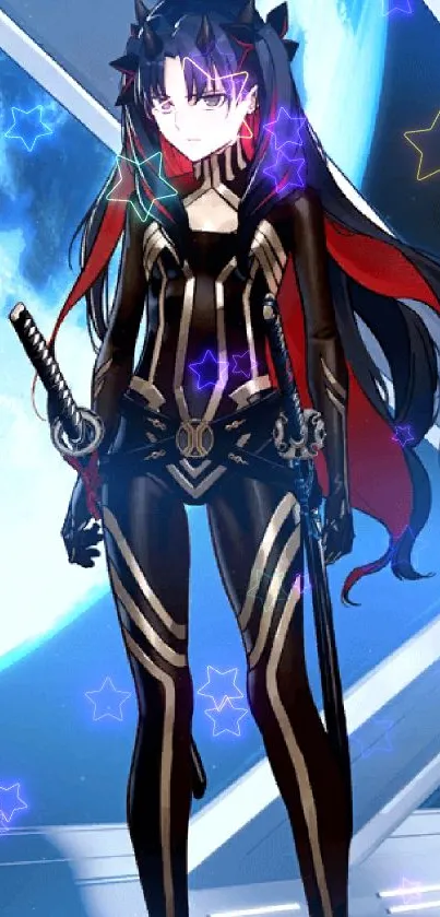 Anime warrior in black and red suit with cosmic backdrop.