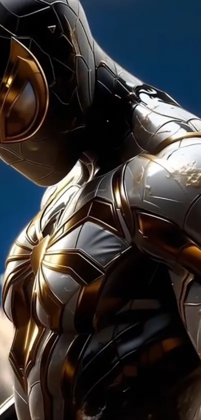 Futuristic metallic armor design with dark blue backdrop.