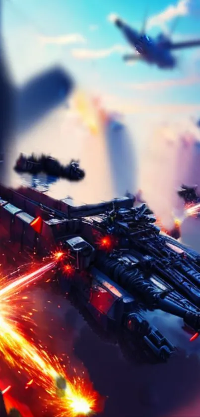 Epic futuristic battle scene with warships and explosions against a vibrant sky.