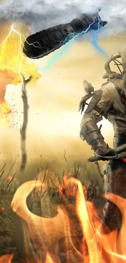 Futuristic warrior in a fiery battle scene wallpaper.