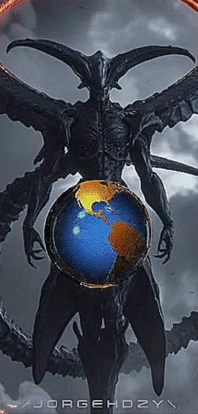 Futuristic demon holding the Earth in an epic dark scene.