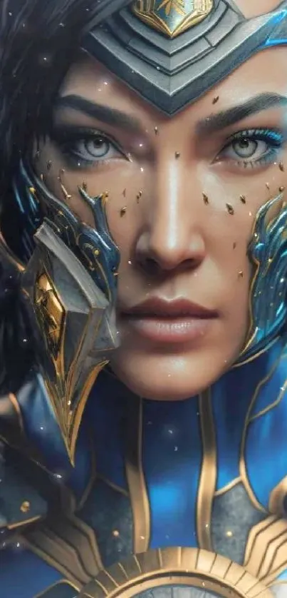 Epic futuristic warrior with intricate armor design in a blue-dominant artwork.