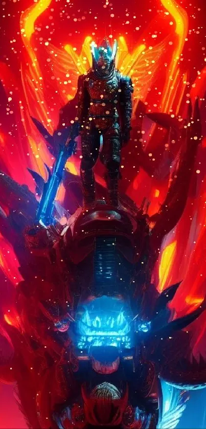 Futuristic warrior in red and blue light with vibrant flames.