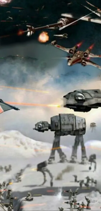 Epic galactic battle scene with spacecraft and robots in a snowy landscape.