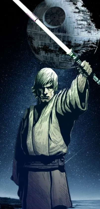 Heroic figure with lightsaber under cosmic sky wallpaper.