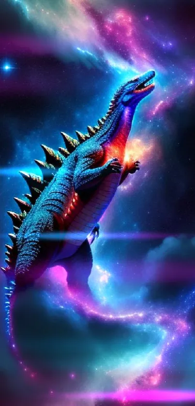 Vibrant cosmic wallpaper featuring a dinosaur in a neon galaxy backdrop.