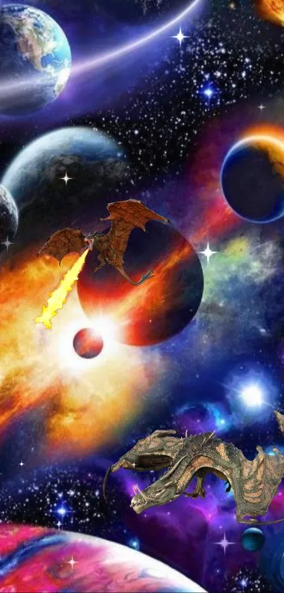 Dragons flying in a vibrant galaxy with colorful planets and space elements.