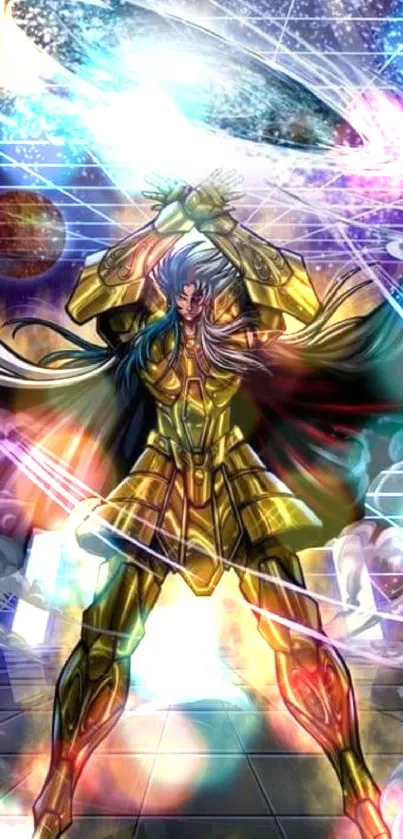 Epic anime galaxy warrior with golden armor and vibrant cosmic backdrop.