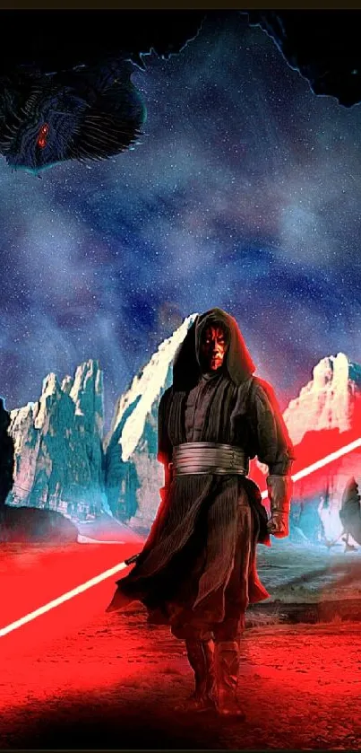 Cloaked warrior with red saber in space scene.