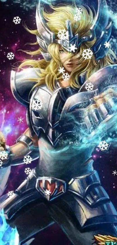 Epic galaxy warrior in armor with cosmic energy and crystals.