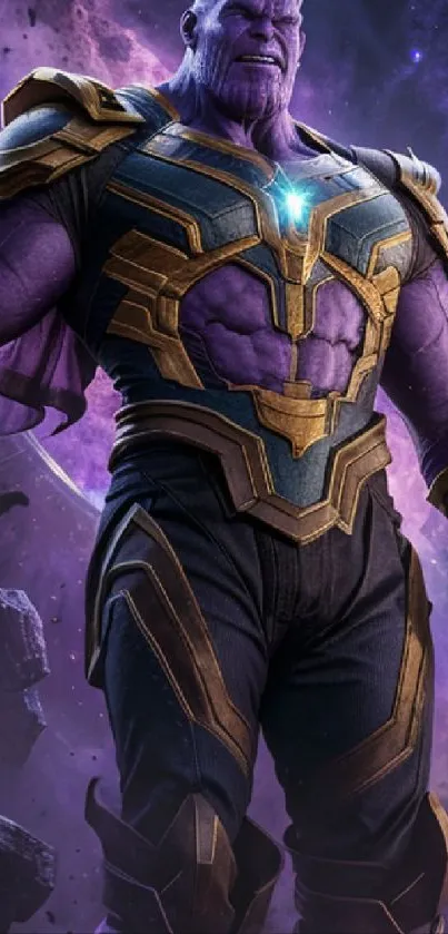 Epic galaxy warrior in purple armor with cosmic background.