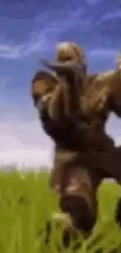 Epic game character in dynamic pose against grassy landscape.