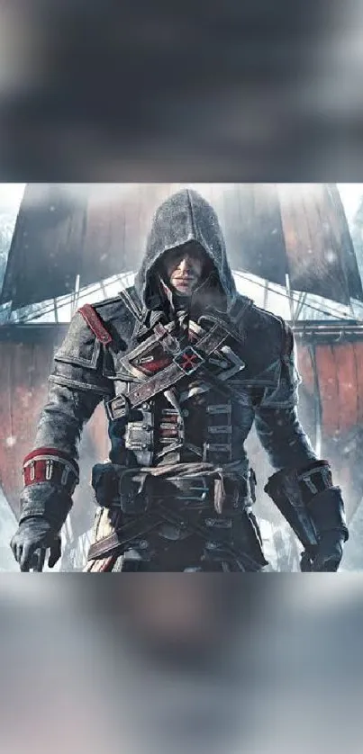 Epic game character in snow setting mobile wallpaper.