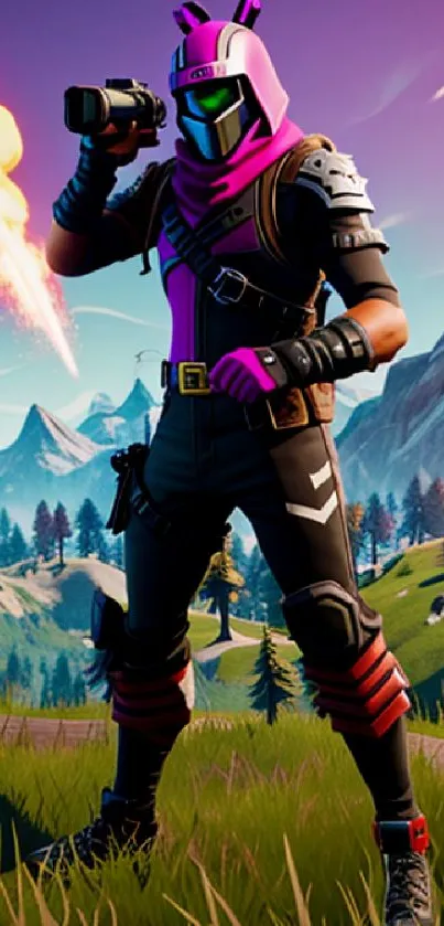 Epic gamer character with purple sky and mountain landscape wallpaper.