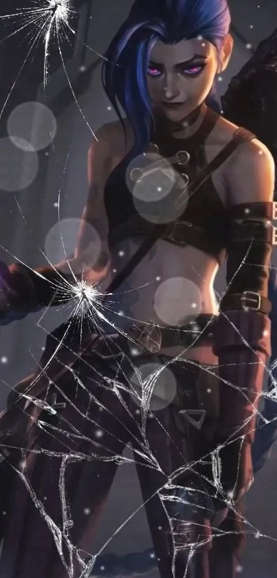 Epic blue-haired character wallpaper with dark theme.