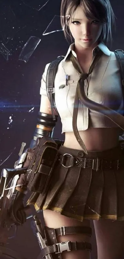 Dynamic female gaming character with futuristic design on mobile wallpaper.