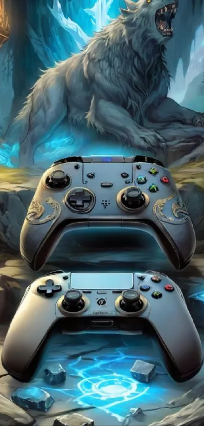 Epic gaming wallpaper with wolf and controllers.