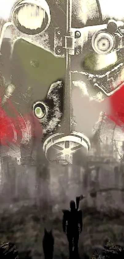 Epic gas mask art with red accents on a dark dystopian background.