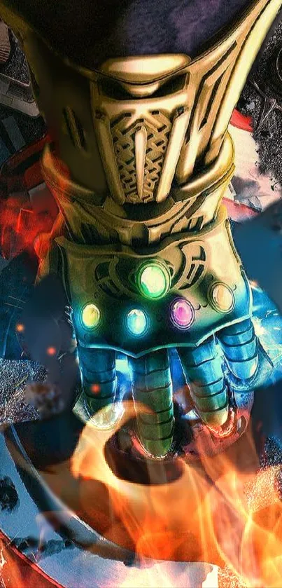 Epic gauntlet engulfed in flames with vivid colors on mobile wallpaper.