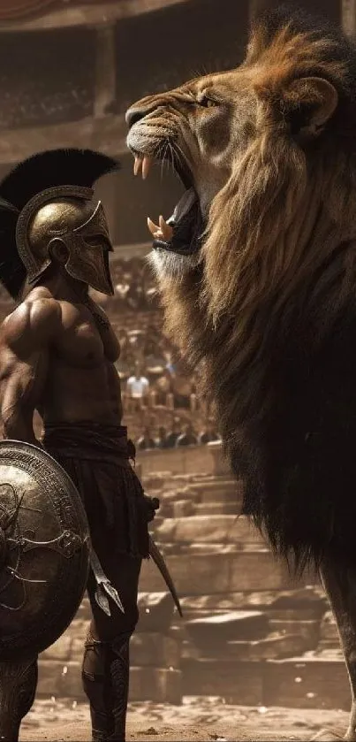 Gladiator confronts roaring lion in coliseum.