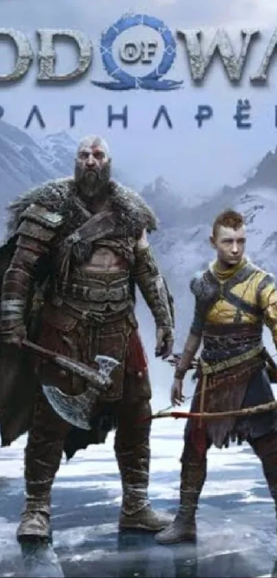 Epic God of War Ragnarok characters on icy landscape.