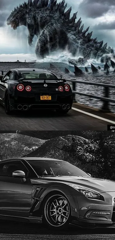 A sleek car races beside Godzilla on a city road under cloudy skies.