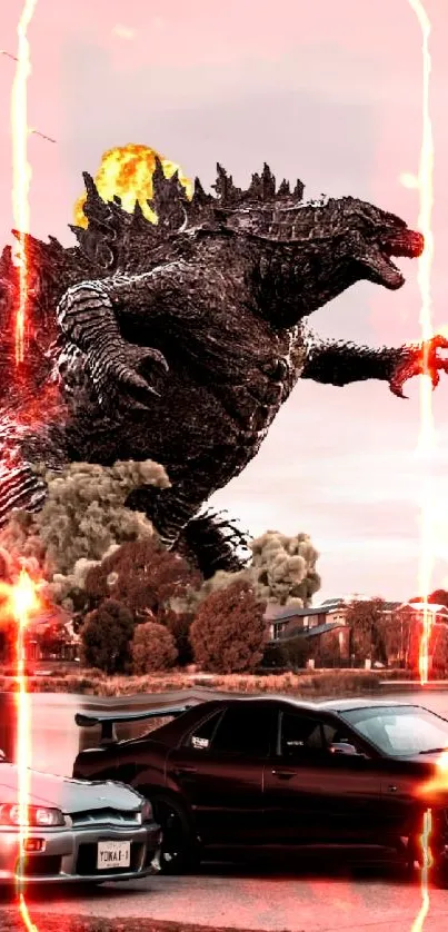 Epic Godzilla and cars scene on mobile wallpaper.