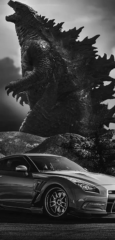 Godzilla and sports car in monochrome wallpaper.