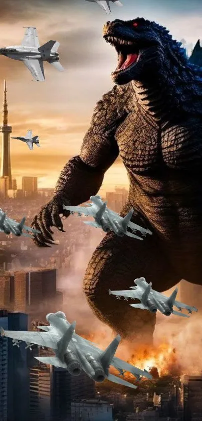 Godzilla towering over a city skyline at sunset with dramatic clouds.